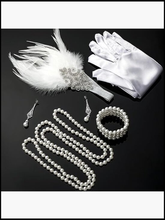1920s Flapper Accessory Set Feather Headband Pearl Necklace Bracelet Earrings main image 7